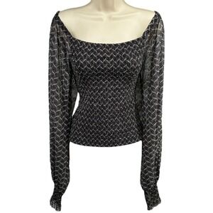 By Anthropologie Black Smocked Sheer Sleeve Top Square Neck Romantic Blouse M
